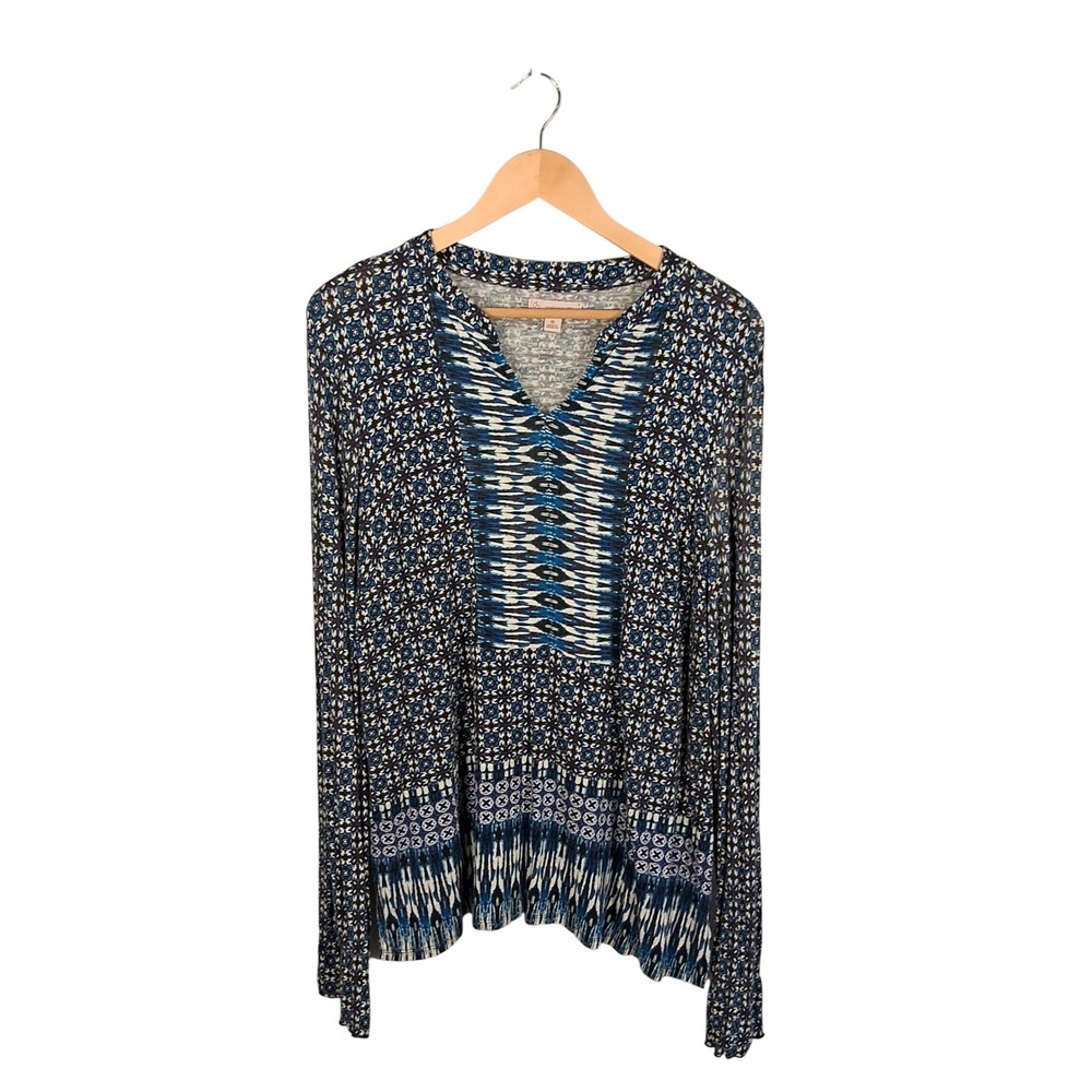 CB Established 1962 Blue Dark Floral Top Sz XL V Neck Boho Western LS Tee‎ Soft